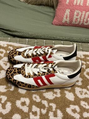 Women’s Leopard Accent White Sneakers with Red Stripes